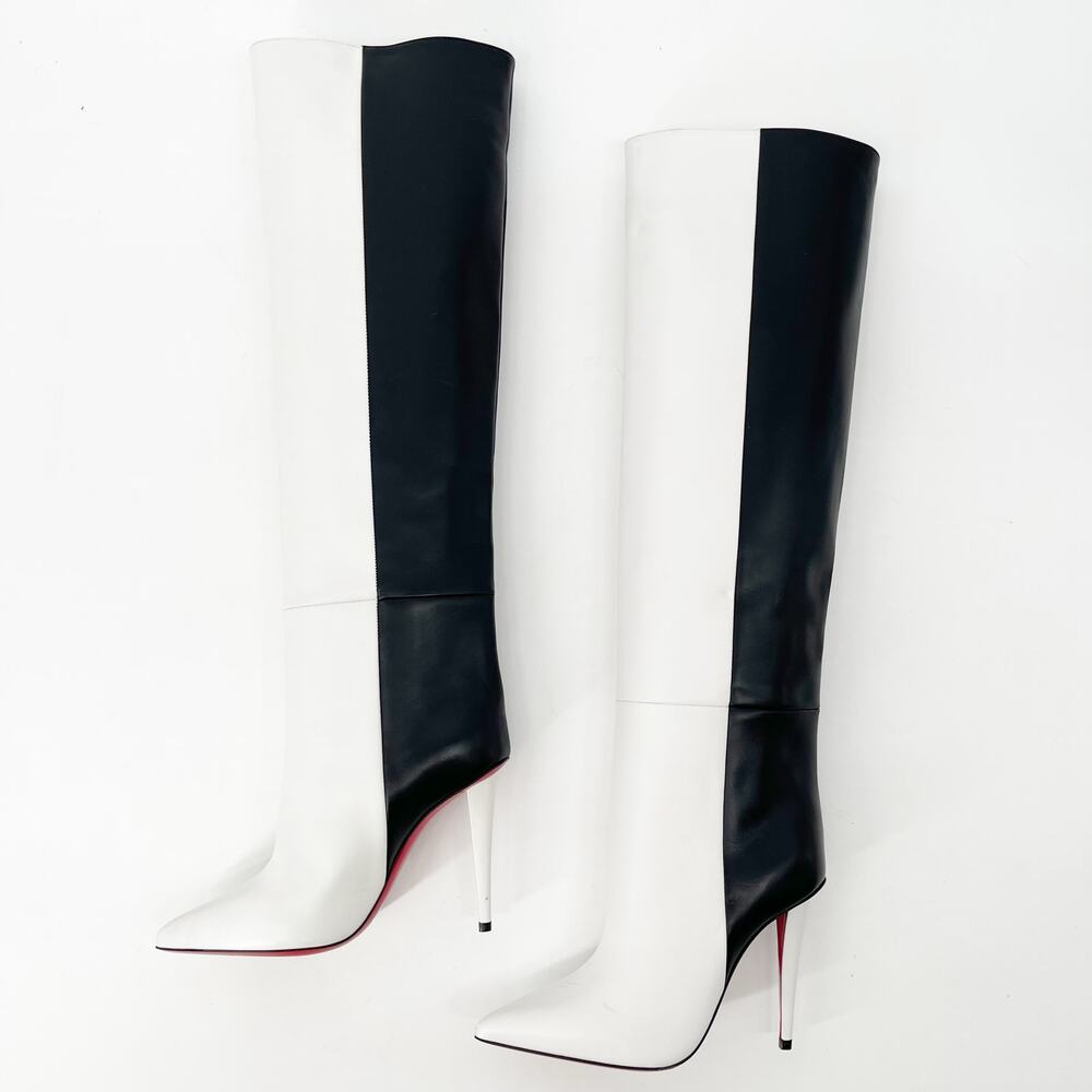 Christian Louboutin Black and White Two-Tone Knee-High Stiletto Boots - Picture 4 of 13